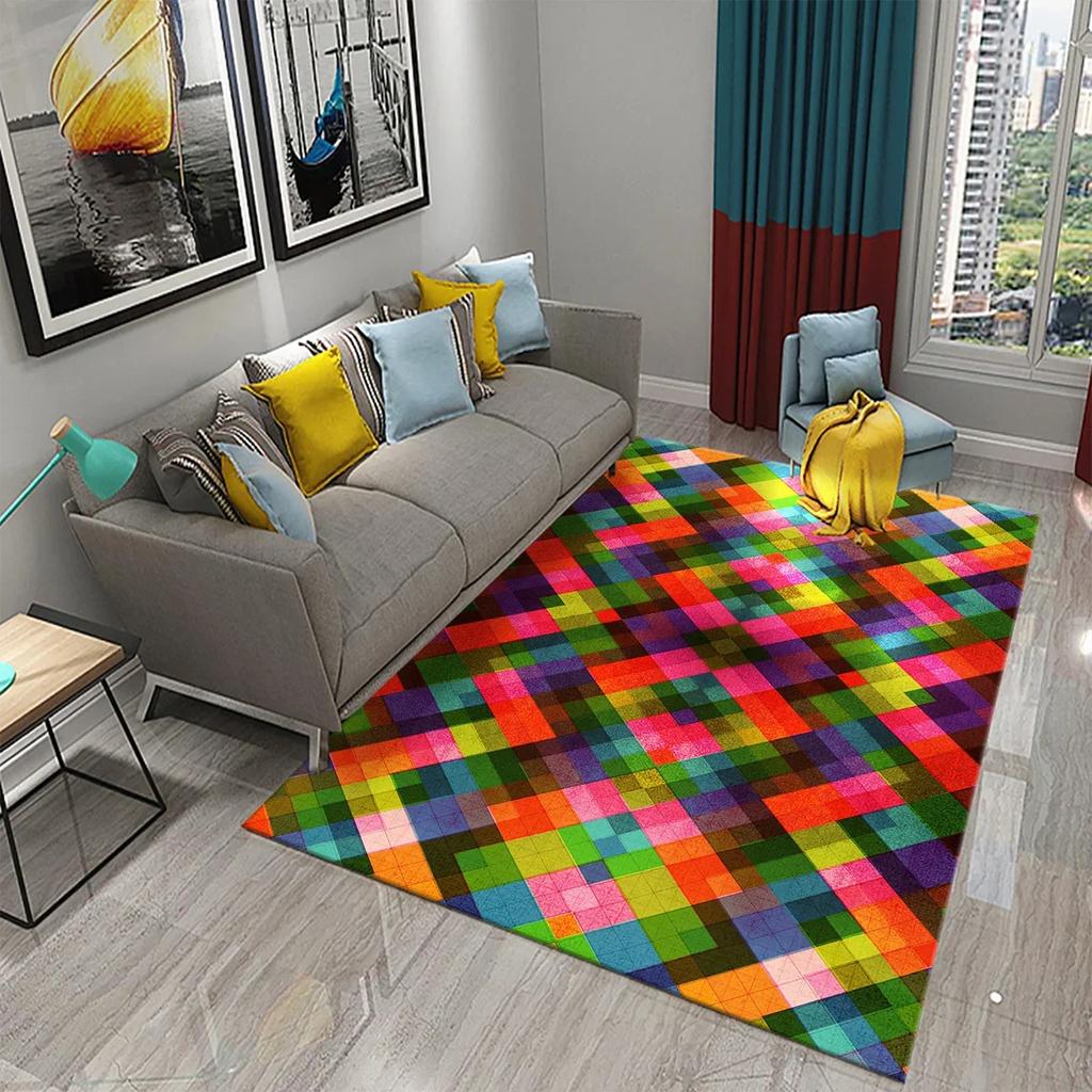 3D Retro Colorful Plaid Lines Carpet Colour Geometry Ethnic Style Rugs for Living Room Bedroom Decor Area Rugs Kitchen Floor Mat