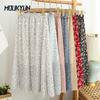 Summer Skirts Women Vintage Floral Printed Chiffon A-Link Skirt Elastic High Waist Casual Midi Skirt With Lining For Beach