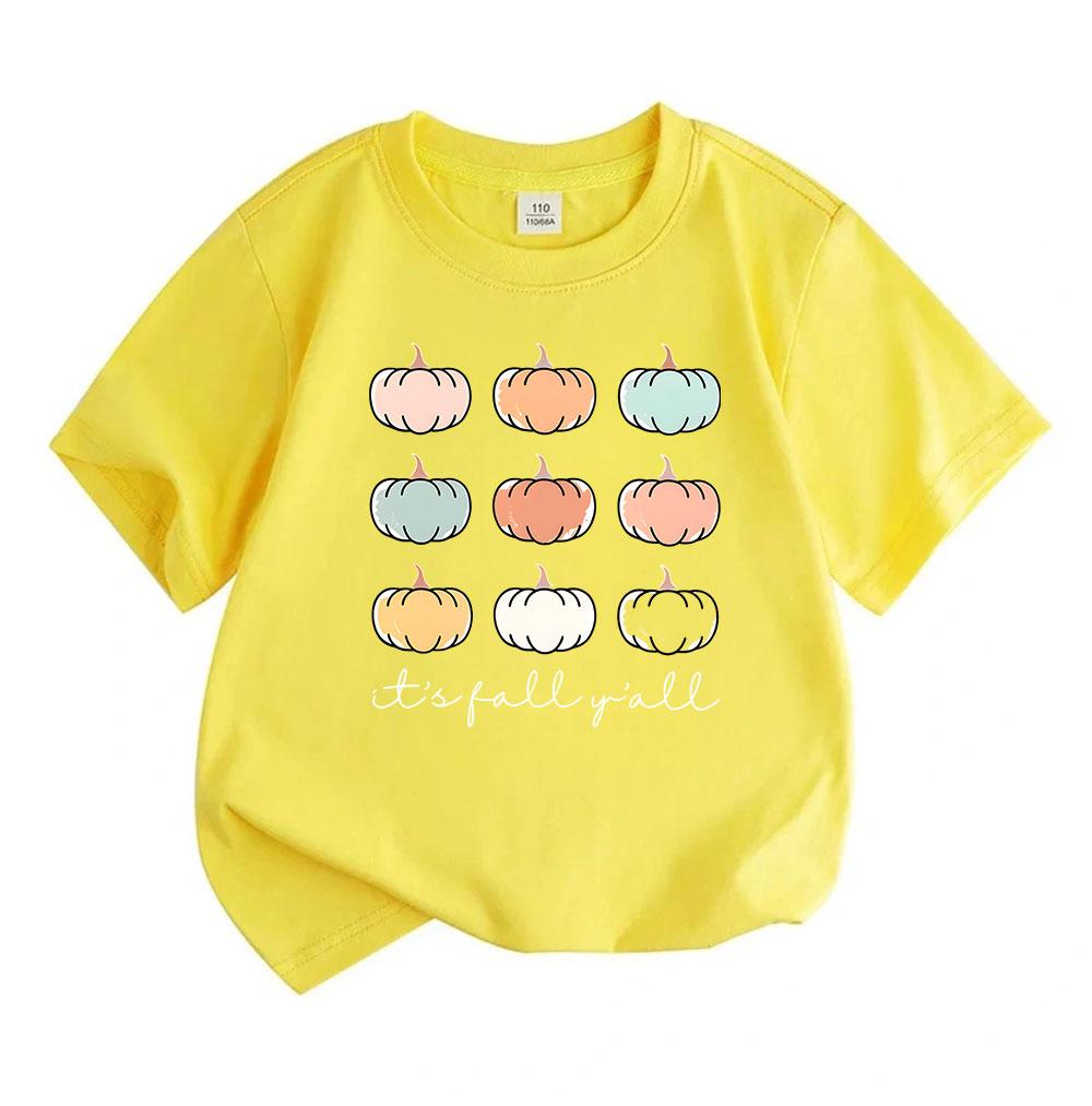 Kids Boys Girls 100% Cotton Crew Neck Short Sleeve T-Shirt, Cute Pastel Pumpkins Printed It's Fall Y'all Casual Tee for Autumn Holiday Daily Wear