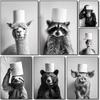 Fun Bathroom Black White Animal Raccoon Tiger Rhino Toilet Paper On Head Posters Printing Wall Painting Bathroom Home Decoration