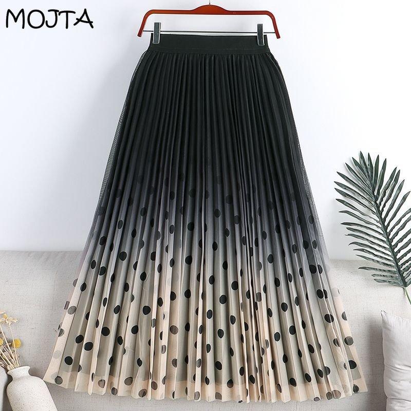 MOJTA Mid-length Skirt Spring Summer Women's Pleated Elastic Dots High Waist Skirt A-line Long Skirt