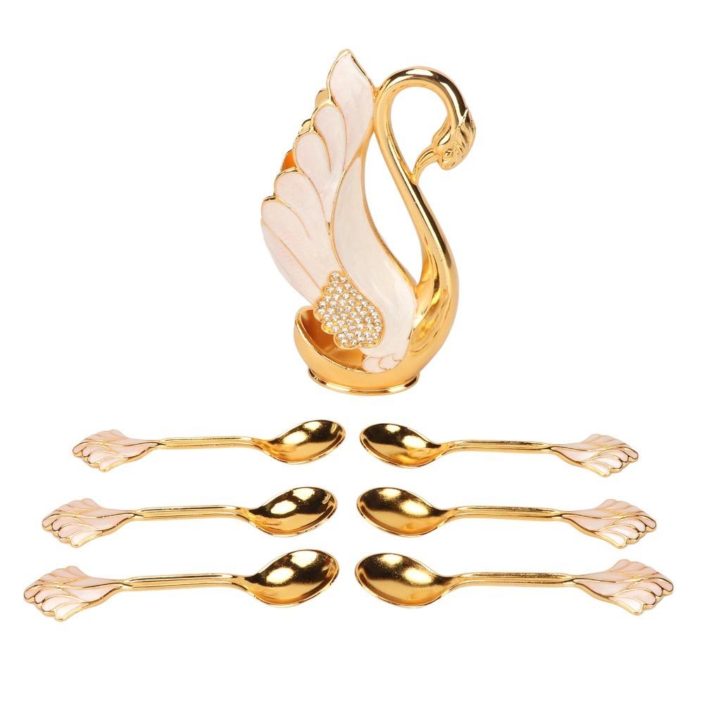7pcs Zinc Alloy Swan Base Holder Golden 6 Teaspoons Coffee Dinnerware Set Mirror Finish Dessert Spoon Set For Bistros Bars