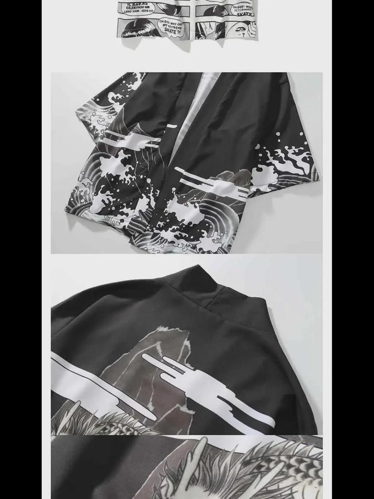 Кардиган-кимоно унисекс в стиле ретро укиеэ: Японско-китайский стиль, свободный крой, рукава 3/4