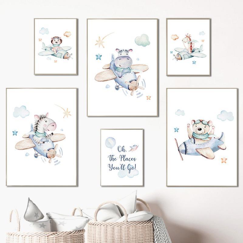 Зебра Жираф Лев Медведь Самолет Приключение Детская Настенная Живопись на Холсте Скандинавский Постер Картинки Декор Комнаты для Мальчика