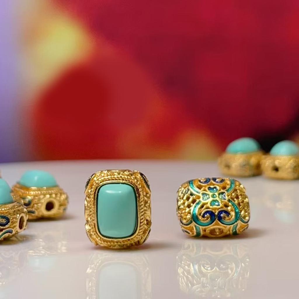 1Pc, Natural Stone Turquoise Aquamarine beads with hole, Boho handcrafted barrel-shaped beads accented with golden edges for Jewelry Making DIY