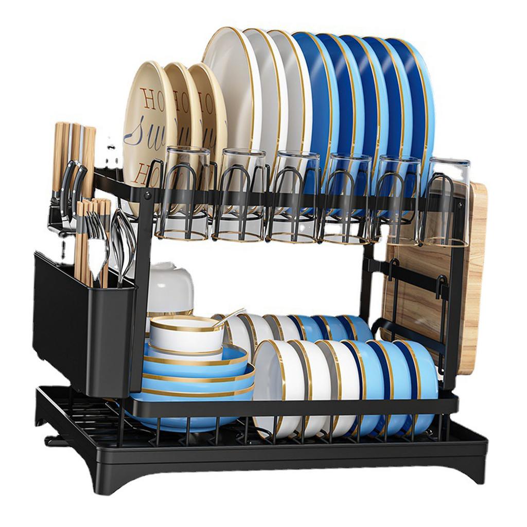 Dish Drying Rack for Countertop Aluminum 2 Tier Dish Rack with Drainboard and Utensil Holder for Kitchen Organization