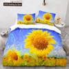 Комплект пододеяльника с масляной живописью Queen Цветущие подсолнухи Полуторный комплект постельного белья Пейзаж голубого неба с белыми облаками Полиэстеровый чехол для одеяла