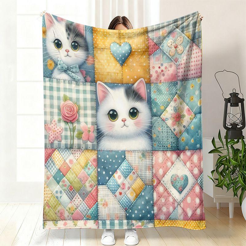 VIKAMA Patchwork Puppy Dog Flannel Throw Blanket Cute Dog Grid Collar Plaid Print Soft Warm Sofa Bedroom Home Decor