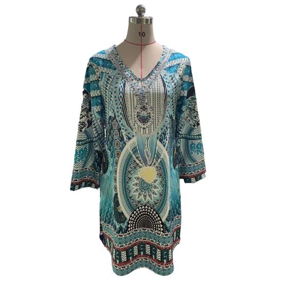 Женское летнее платье в стиле ретро с принтом в этническом стиле с длинными рукавами и v-образным вырезом, мягкое дышащее свободное платье до колена, повседневное женское повседневное платье миди