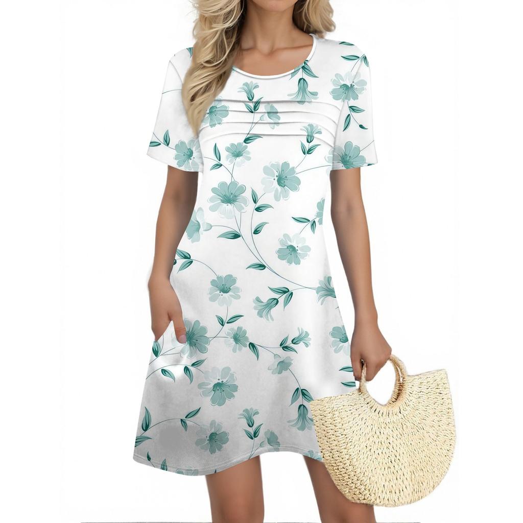 Женские летние платья Женские летние платья с цветочным принтом Повседневные платья с коротким рукавом и круглыми карманами