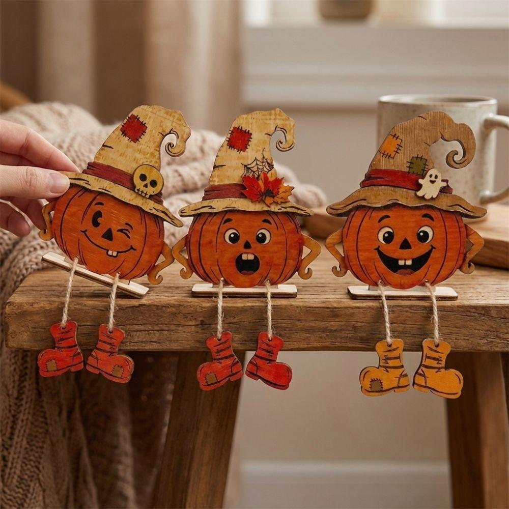 3Pcs Pastoral Pumpkin-Shaped Wooden Ornaments Vintage Face Pumpkin Display Decor Harvest Season