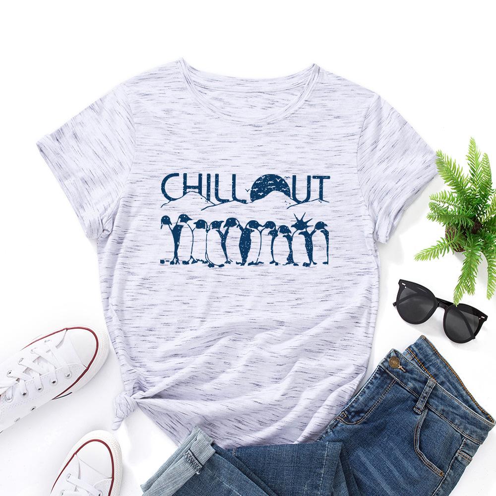 Хлопковая футболка с пингвином, с коротким рукавом, с круглым вырезом, женская, с 2D-принтом, топы