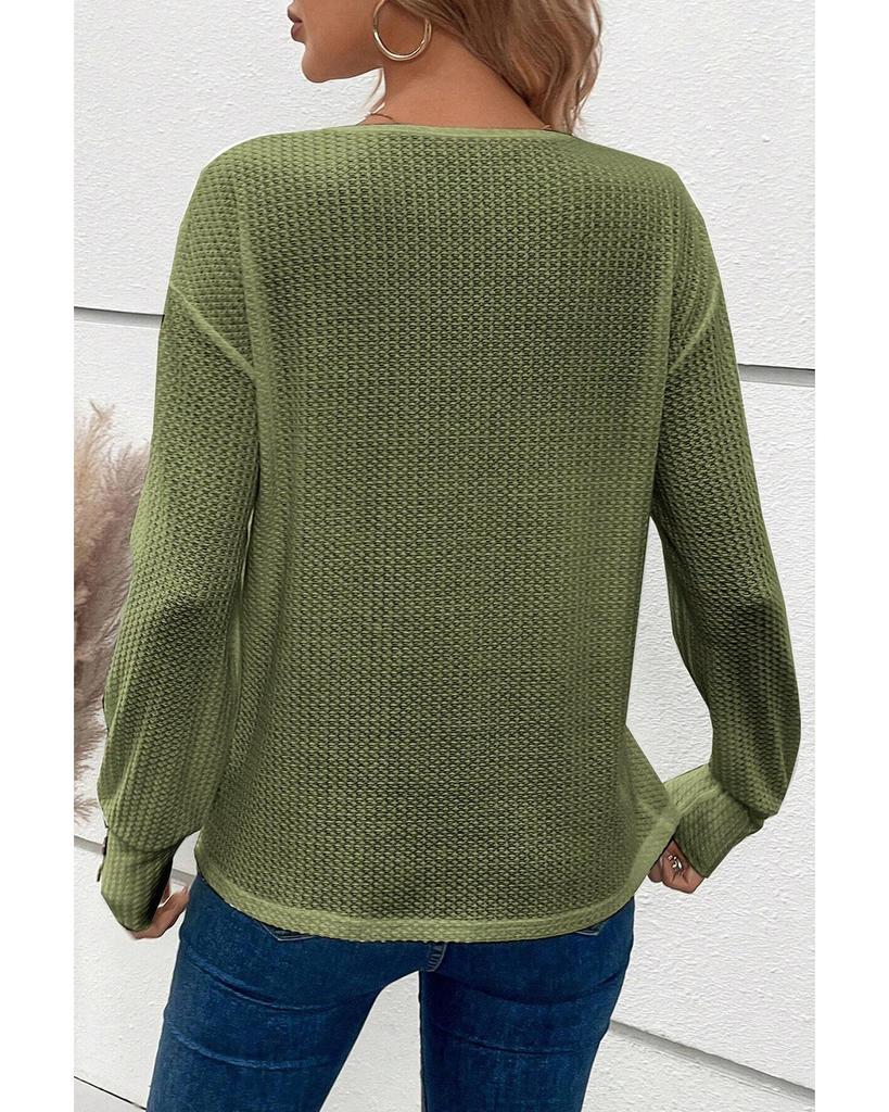 Azura Exchange Jungle Green Textured Knit V Neck Button Cuffs Long Sleeve Top