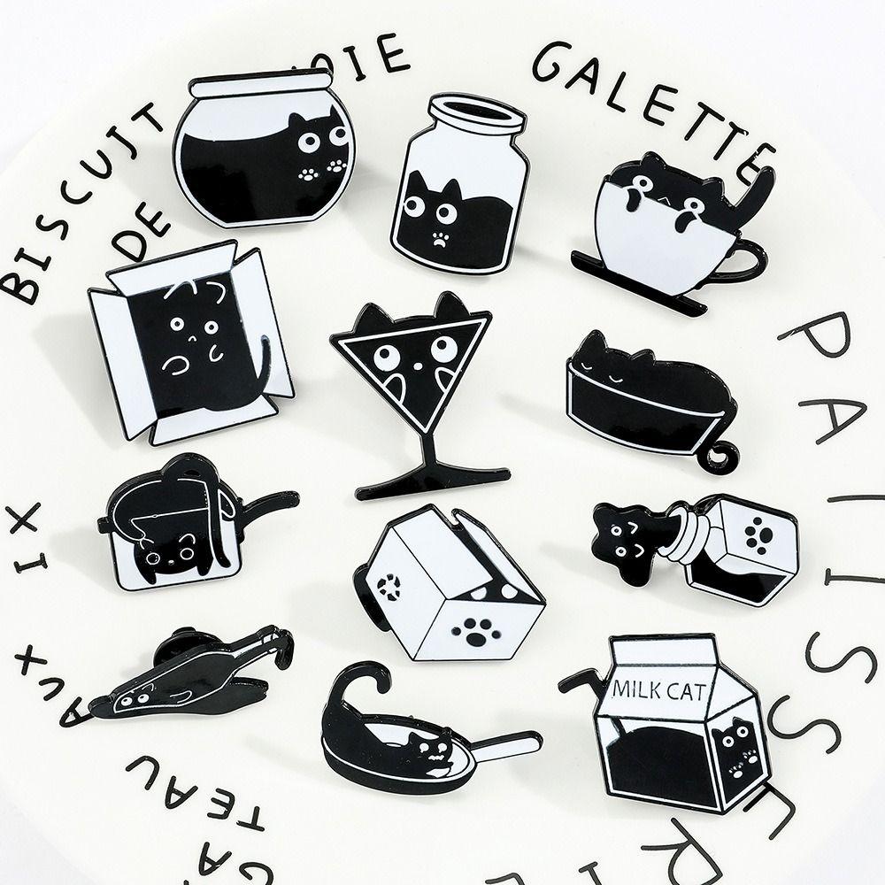 Жидкая Серия Кошек Черный Кот в Чашке с Водой Брошь Банка Кот Металлический Значок Аксессуары для Одежды