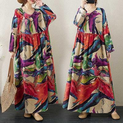 Круглый вырез Свободное Платье Литературное Плюс Сайз с Длинным Рукавом