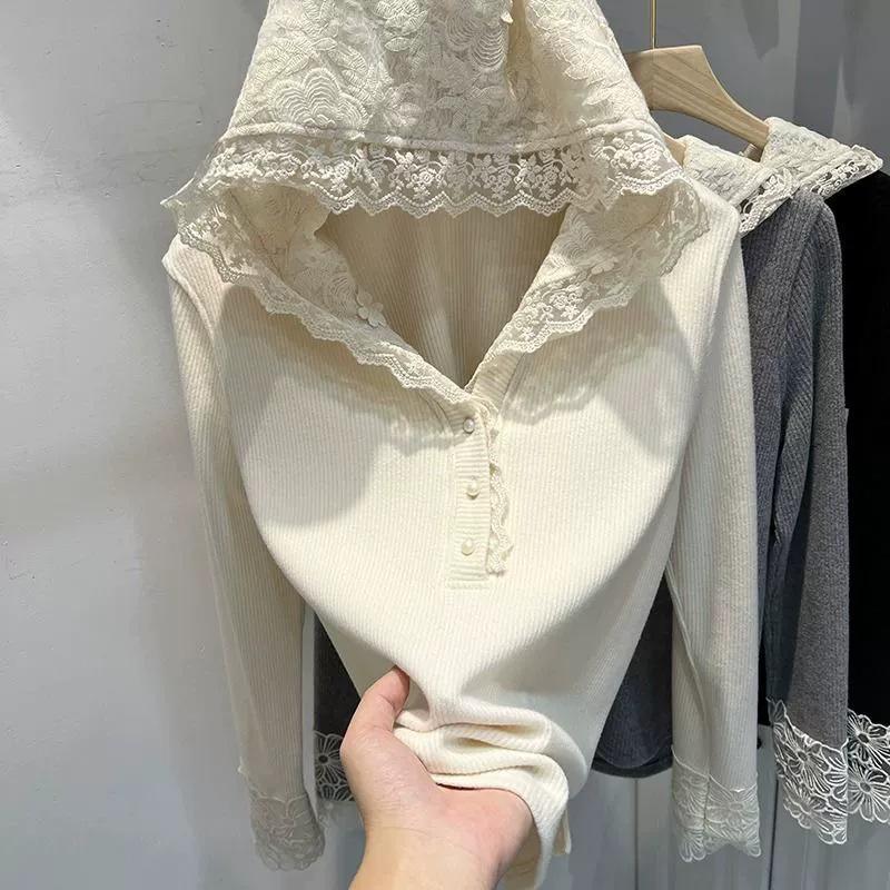 Женская осенняя толстовка с кружевной пэчворк - Уменьшающая возрастная длинная кофта