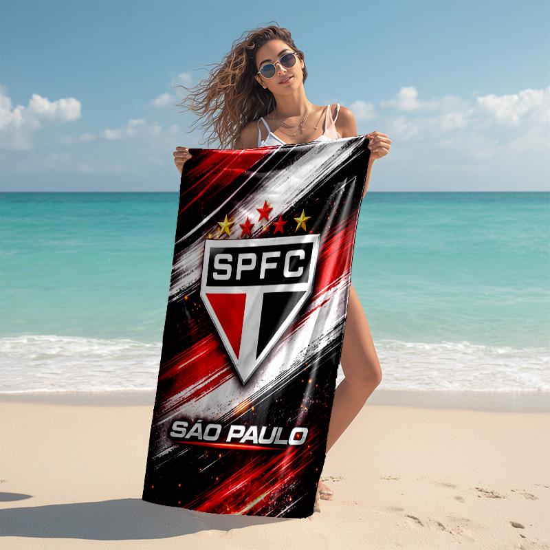 proof beach towel with São Paulo FC logo pattern - soft,absorbent,quick-drying,machine washable - perfect for swimming,camping,bathing