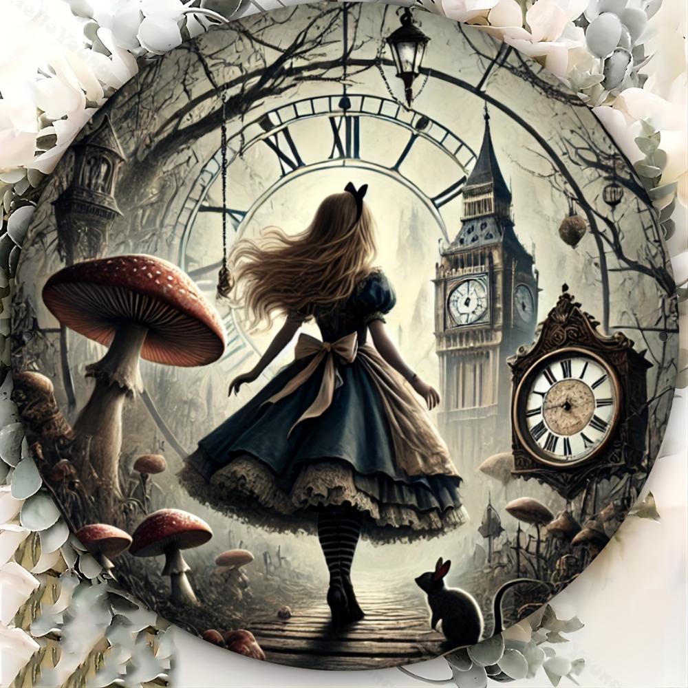 Винтажная круглая металлическая вывеска «Алиса в стране чудес», водонепроницаемая, устойчивая к ржавчине, настенная декорация для фермерского дома, гаража, патио, идеально подходит для Рождества