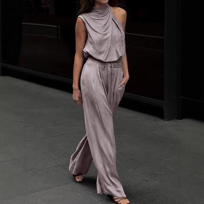 Женский брючный костюм, однотонный, с воротником-полуворотом на одно плечо, без рукавов, со шнуровкой, широкие брюки, женская летняя, новая женская уличная одежда