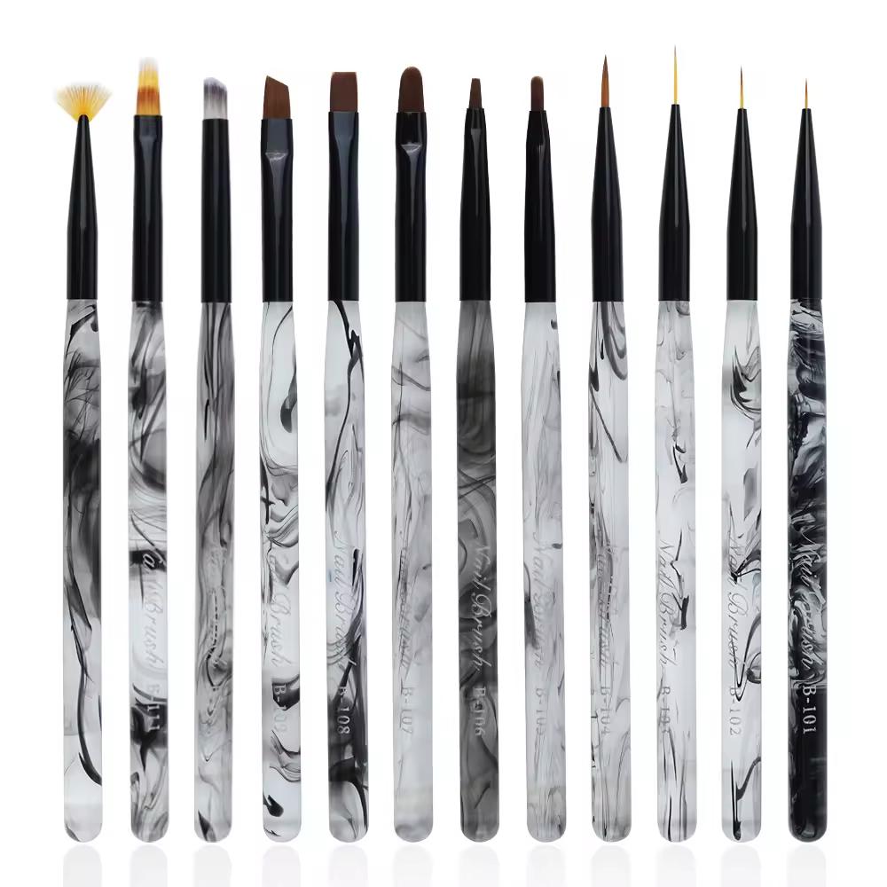 Dyeing Nail Pen Set Ink Color Acrylic Handle Nylon Nail Art Pen Manicure Brush Tools 12pcs/set