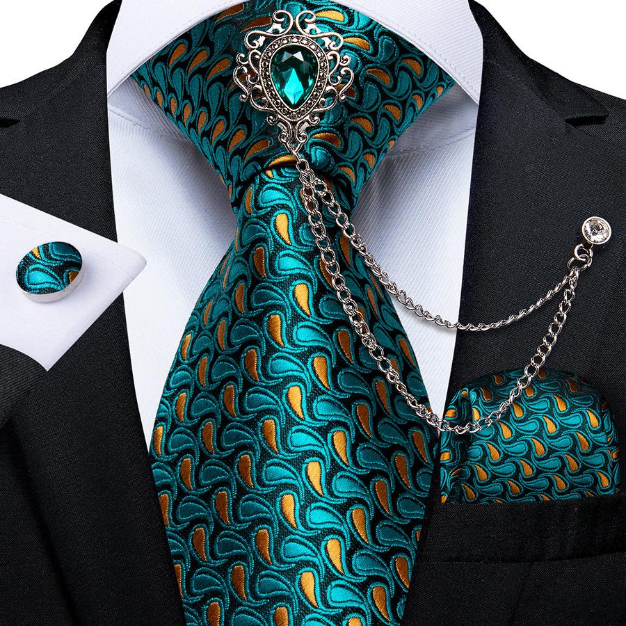 Dibangu Новинка, галстуки для мужчин, зеленый галстук с брошью, шелковый галстук, носовой платок, запонки, винтажные