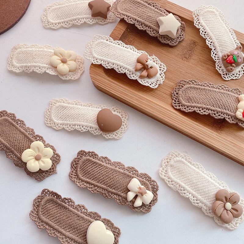 2 шт. Детские заколки для волос с кружевными бантами в виде медведя для девочек, повязки на голову для женщин, заколки для волос для малышей, милые мультяшные волосы, бежевый кофейный цвет, боковая заколка