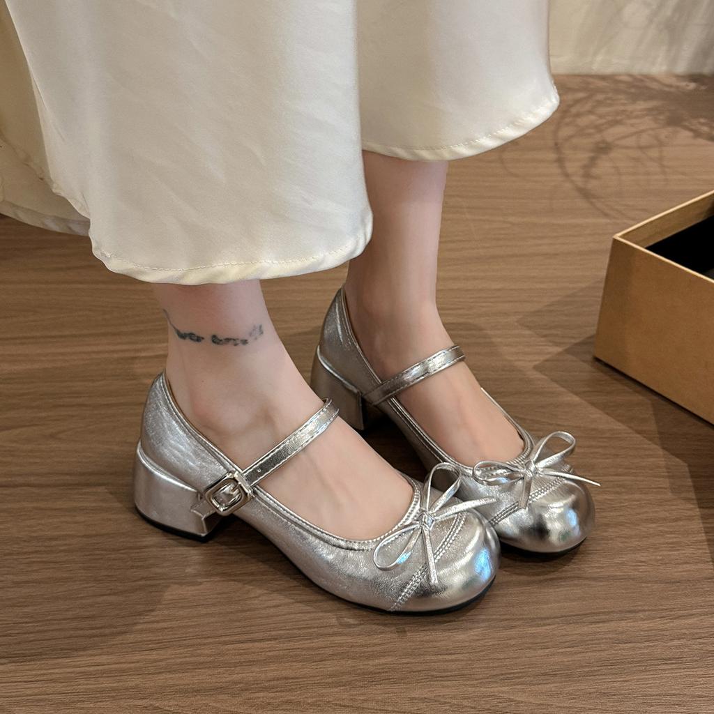 French silver high heels thick heel silver Mary Jane single shoes women's summer 2025 new with skirt medium heel small leather shoes