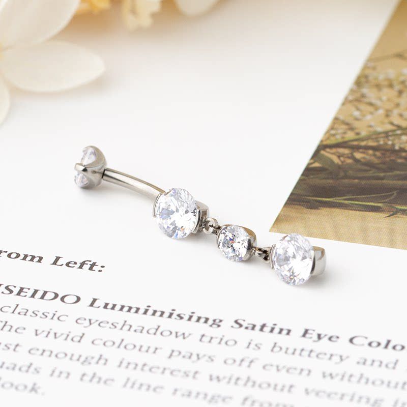 Perforated Tribe Brand New Long Shiny Zircon Navel Stud Ring Sexy European and American Style Pure Titanium Alloy Anti-Allergy Non-Fading