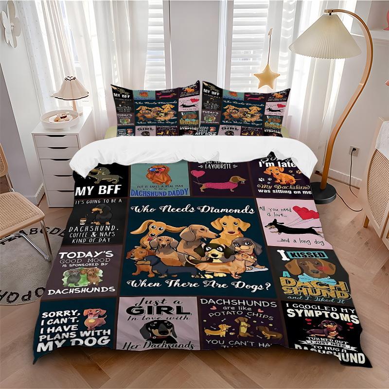 3PCs Dachshund, Dog Lover Design Cover Set, Breathable Fabric, Machine Washable (1 Duvet Cover + 2 Pillowcases) (Without Quilt) yy250911104