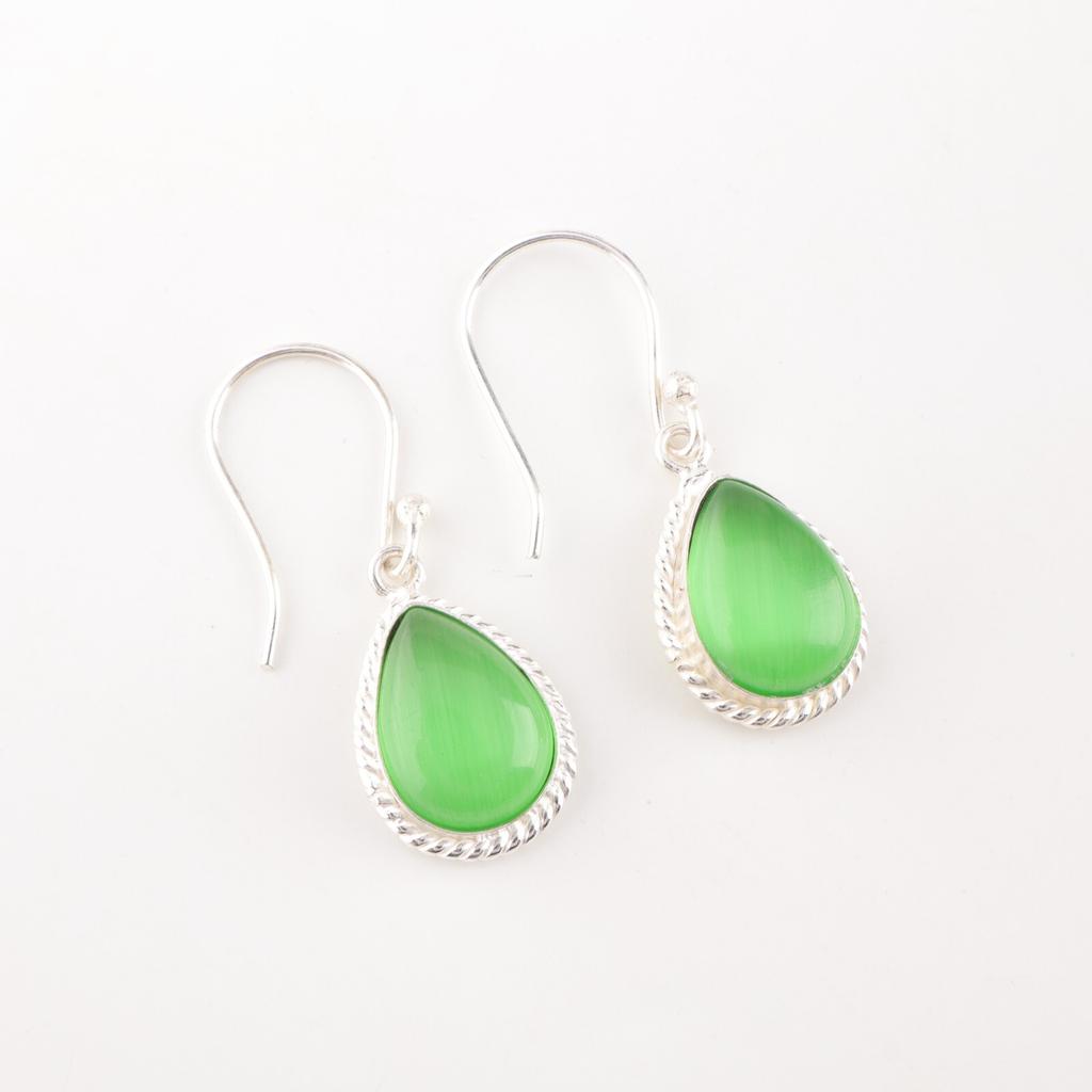 Green Cat's Eye Gemstone 925 Sterling Silver Jewelry Light Weight Earrings 1.40" EE-9-43