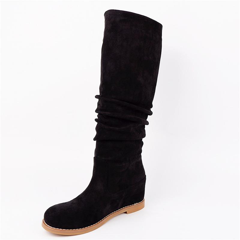 Suede Leather Women's High Boots Winter Shoes Pleated Hidden Heels Wedge Knee High Boots For Women Warm Fur Flats Boots Ladies