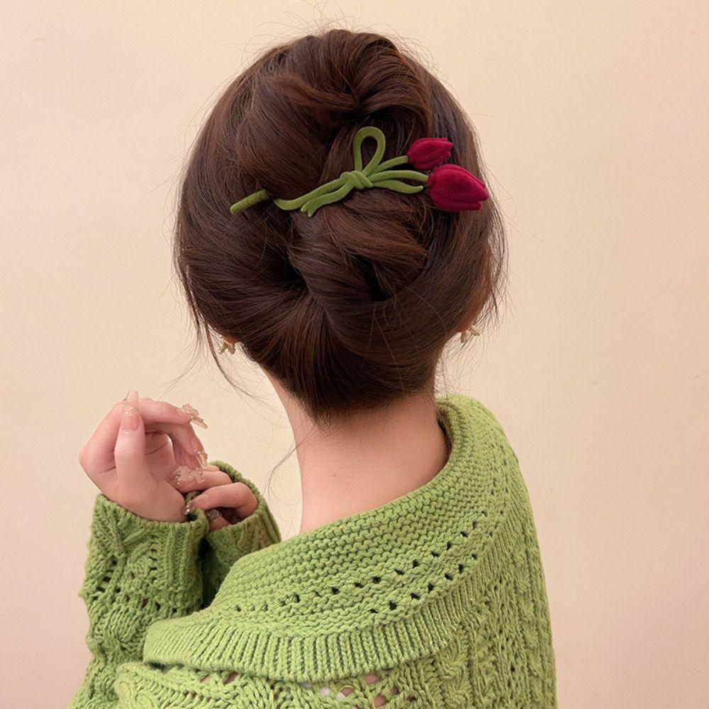 Clip Female Hair Accessories Red Velvet Hair Claw Korean Style Headwear Flocking Tulip Hair Clip