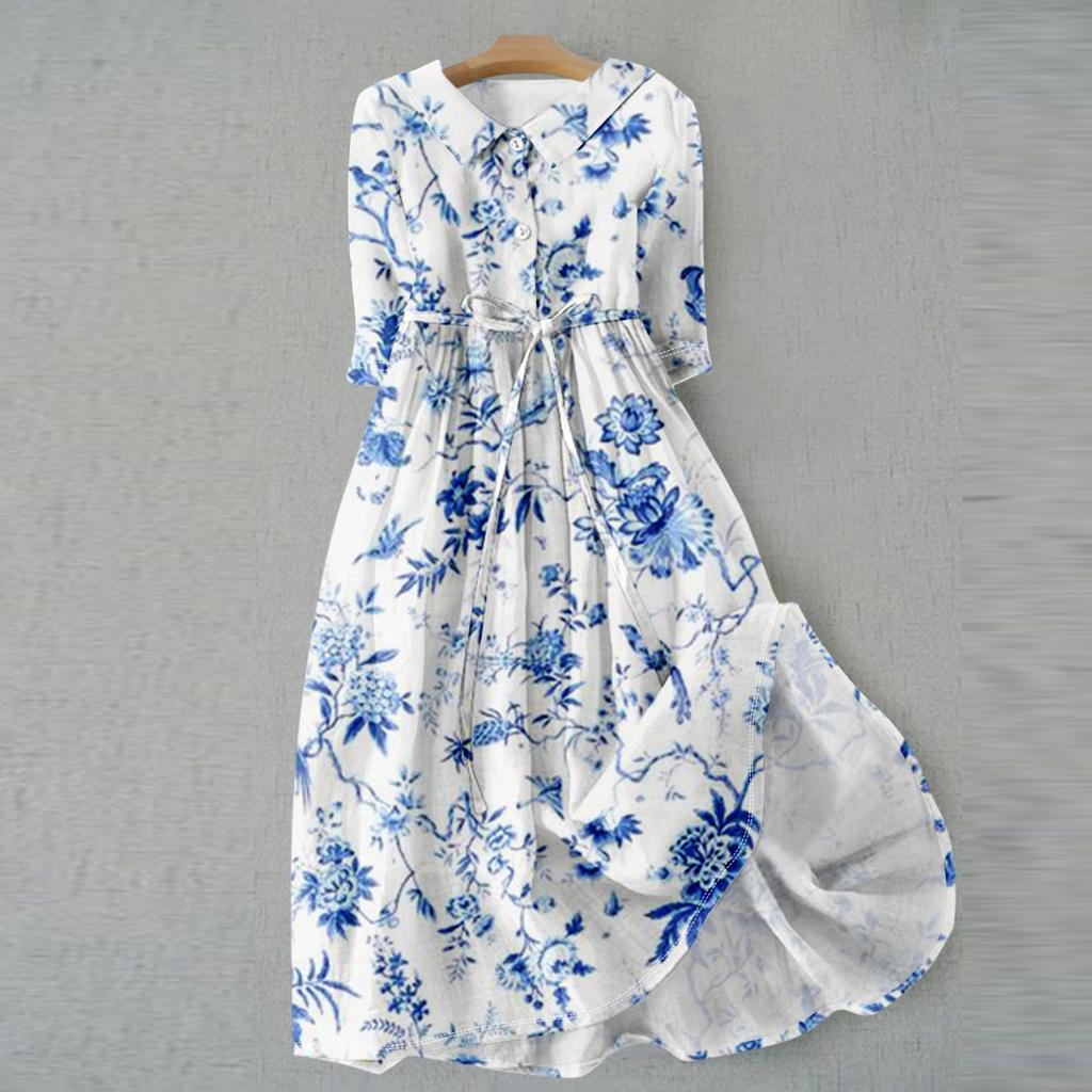 Women's Fashion Vintage Floral Print Lapel Button Three Quarter Sleeves Strappy Dress