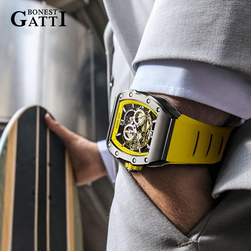 BONEST GATTI BG9903 Мужские Автоматические Механические Часы Светонакопительный Циферблат Скелетон Наручные Часы для Мужчин