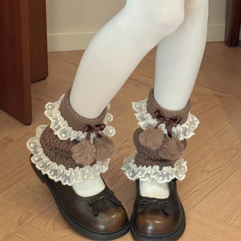 Fashionable Plush Balls Bows Adorned Leg Warmers with Lace Detail for Women's Hollowout Knitted Short Leg Covers Sleeves