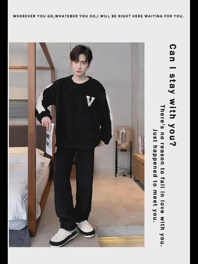 2023 Мужская пижама из кораллового флиса: Осенне-зимний комплект домашней одежды из плотной фланели с круглым вырезом, свободный, в корейском стиле