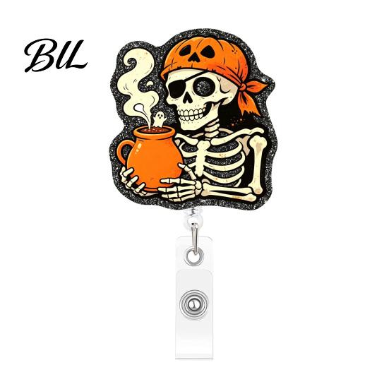 Decorative Badge Reel Halloween Retractable Reel, Skeleton And Pumpkin Design, Acrylic ID Card Funny Gift Holder with Sturdy Metal Clip for