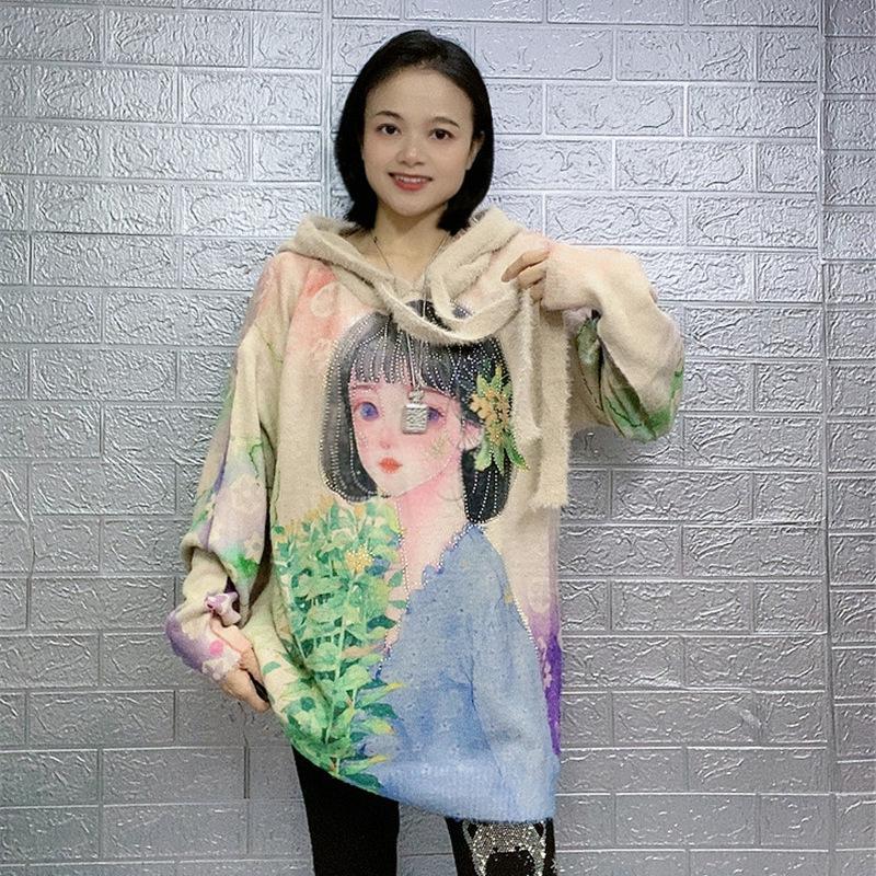 2023 Women's Chinese Print Hooded Mink Velvet Sweater, Loose Knitwear, Plus Size, Autumn/Winter Outerwear