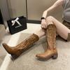 New Western Cowboy Boots Boots for Women Autumn Zip Embroidered Pointed Toe Shoes Chunky Heel Mid Calf Knight Boots