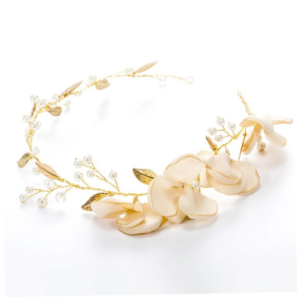 Handmade Bridal Headband Golden Leaves Elegant Beige Cloth Hair Accessory for Weddings Parties and Special Occasions Lightweight and Comfortable