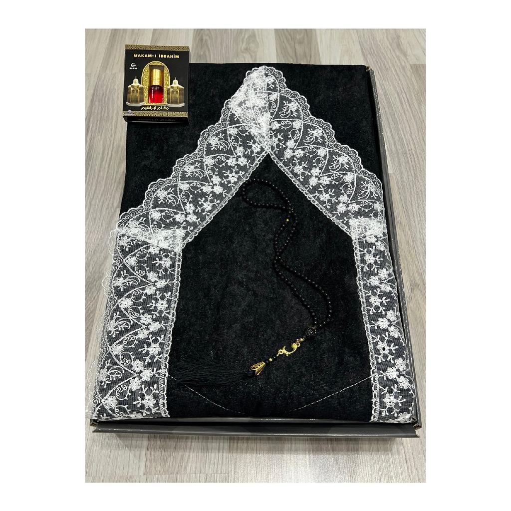 3 Piece Prayer Rug Set, Dowry Bundle Boxed, Velvet Laced Bride And Groom Set