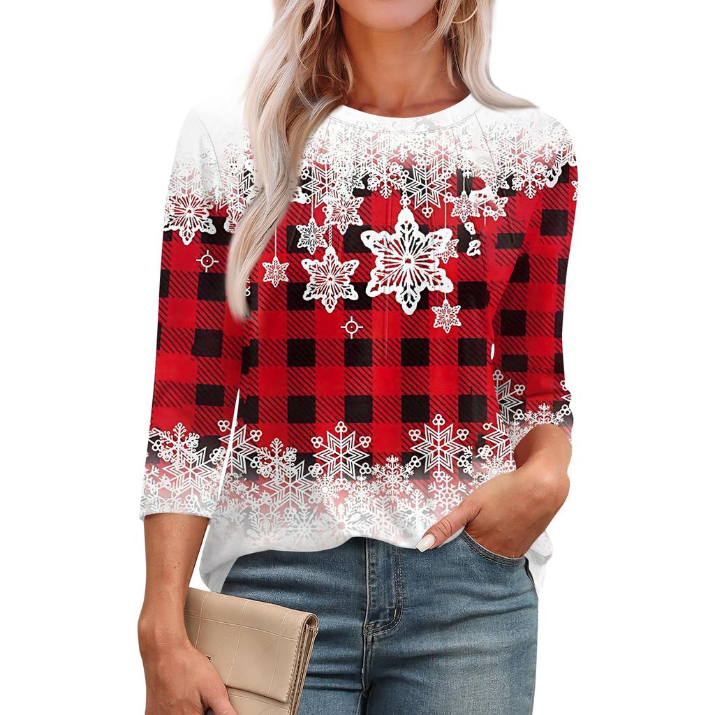 Женская модная футболка с круглым вырезом и рукавом 3/4 с принтом, повседневная, базовая, плиссированная, пуловер