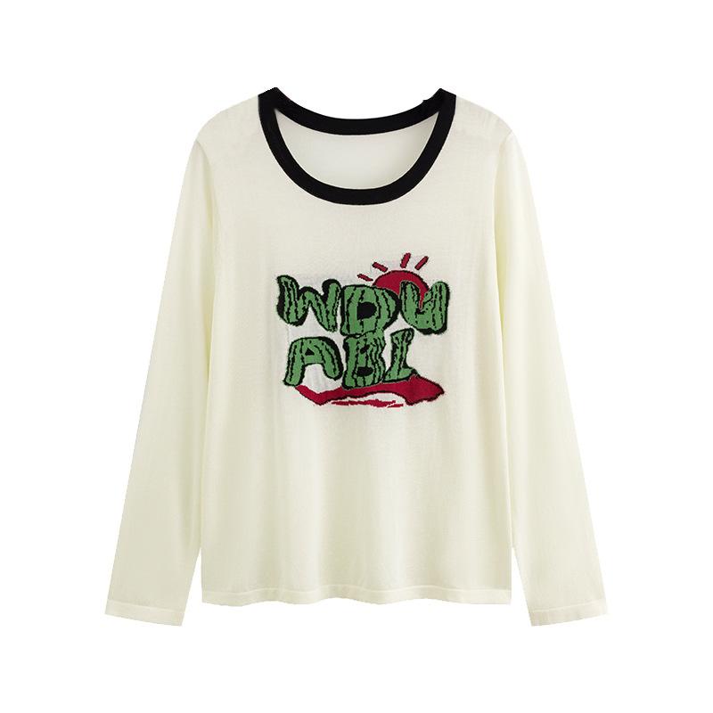 Плюс Размер Женский Круглый вырез Жаккардовый Письмо Топ Длинный Рукав Ранняя Осень Свободный Повседневный Трикотаж