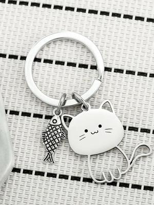 Брелок-подвеска из нержавеющей стали с изображением кошки, едящей рыбу, милый брелок-подвеска с изображением мультяшной кошки для пары