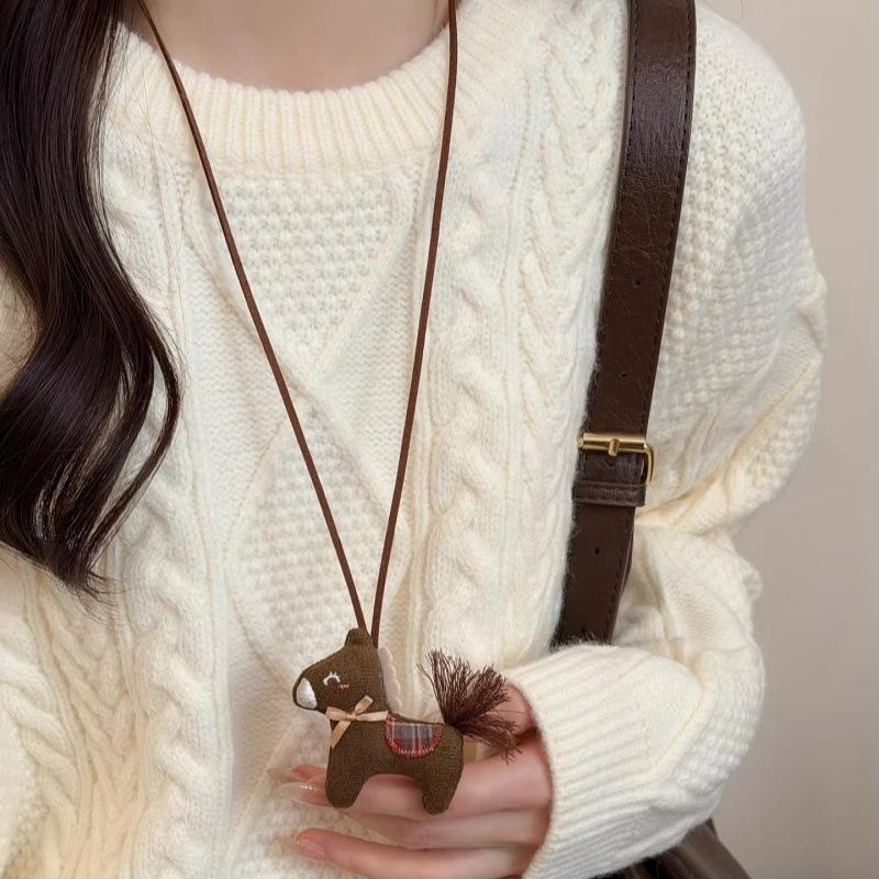 LATS Cute Cartoon Fabric Plush Pony Pendant Necklace for Women Long Rope Sweater Chain Fashion Zircon Accessory