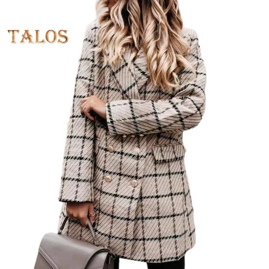 Зимнее осеннее женское пальто с отложным воротником, клетчатый принт, двубортное, с длинными рукавами, плотная куртка средней длины для свиданий, поездок на работу, офиса