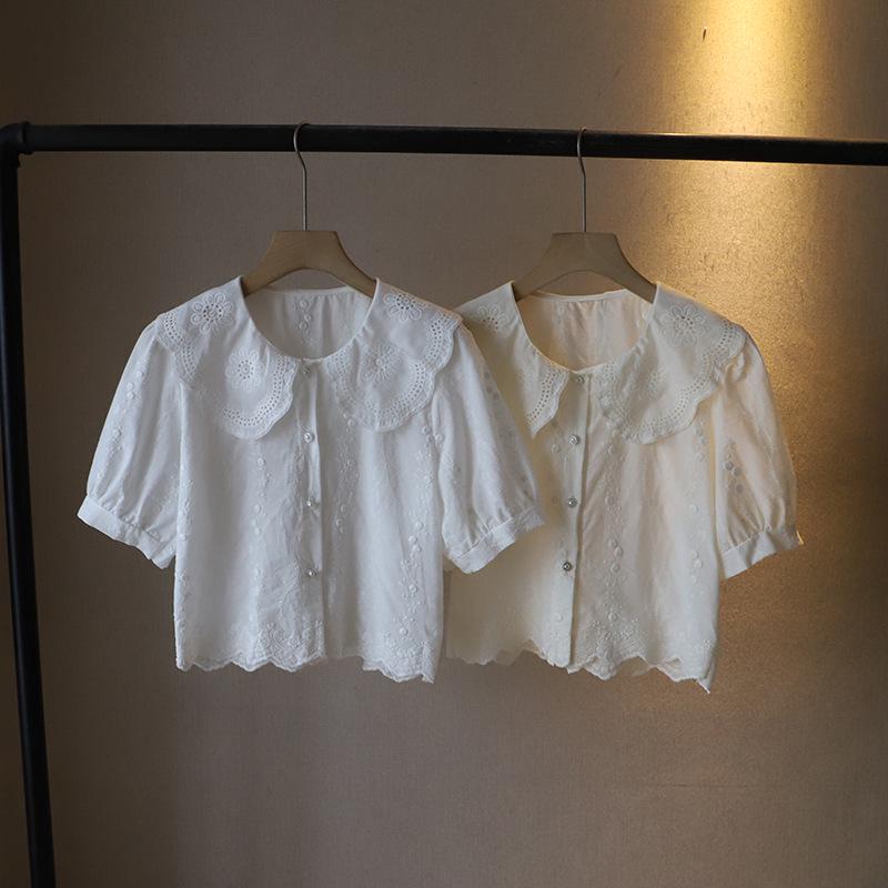 Летняя женская рубашка в корейском стиле с жаккардовым узором, воротником Питер Пэна и пышными рукавами, 2025