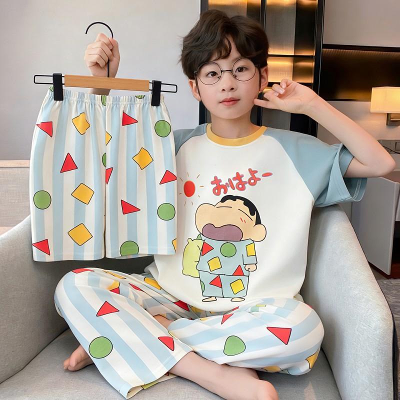 Boys Cotton Pajama Set Short Sleeve Shorts 3-Piece Cartoon Sleepwear Lightweight Home Outfit Kids
