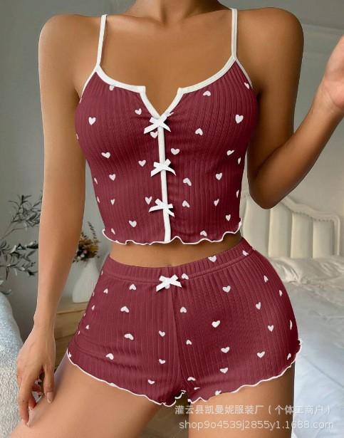 Cherry temptation hot-selling loungewear love print suspender shorts casual wear women's pajamas set