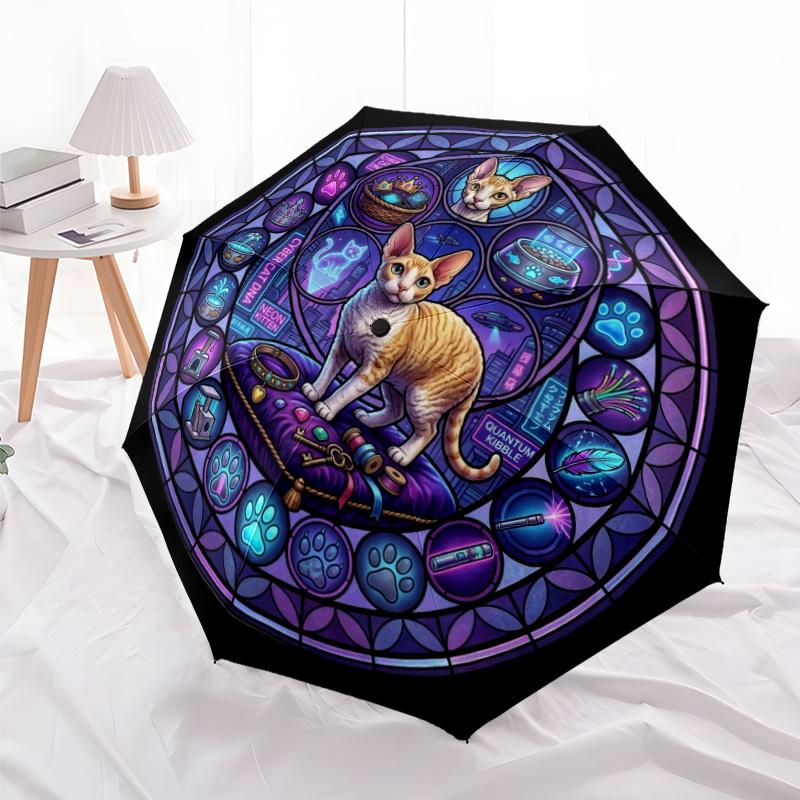 Cyber Cat Glass pattern umbrella, portable and foldable design, 8 ribs, a casual accessory for Halloween, Christmas, and birthday gifts.